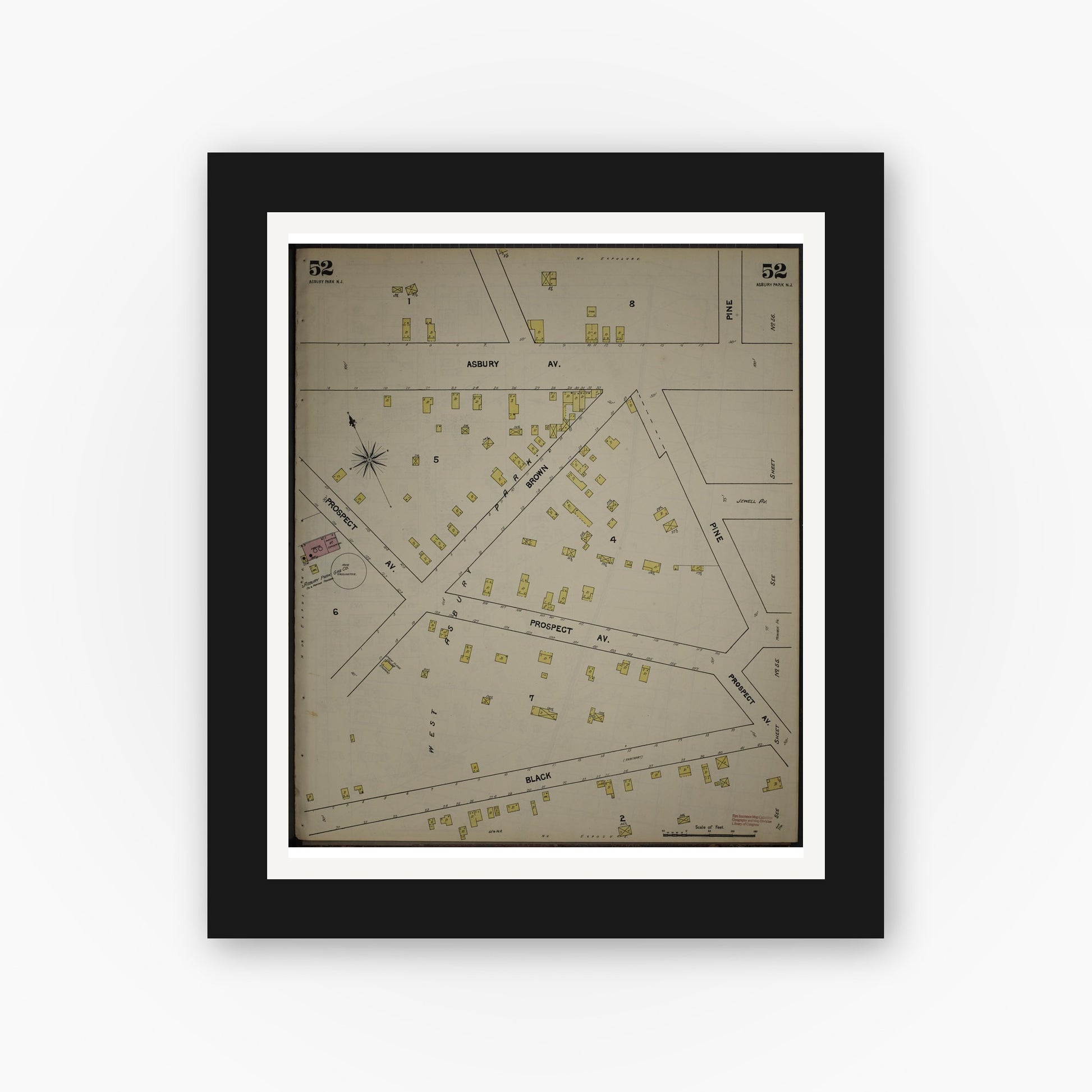 Old map wall art mockup — black gallery frame with white mat — Sanborn Fire Insurance Map from New Jersey Coast, New Jersey Coast, New Jersey (1890), Sheet #0052