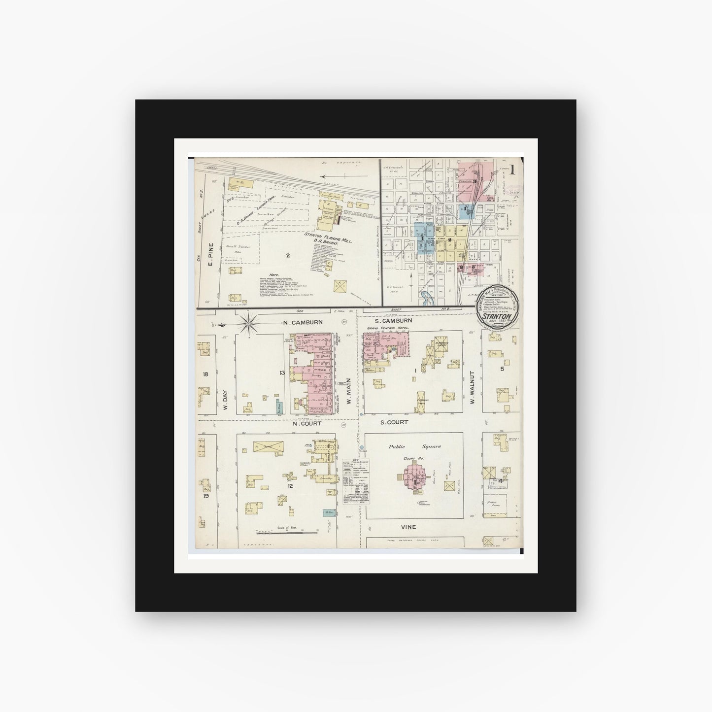 Old map wall art mockup — black gallery frame with white mat — Sanborn Fire Insurance Map from Stanton, Montcalm County, Michigan (1887) - Complete Map Set