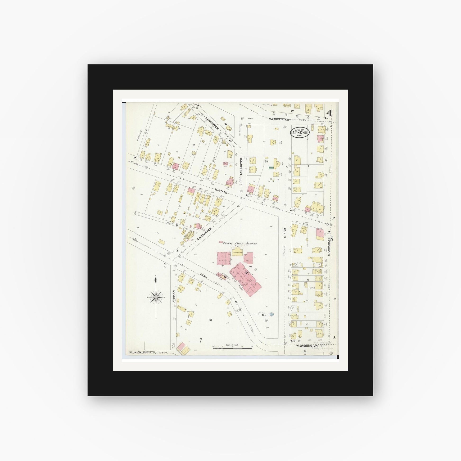 Old map wall art mockup — black gallery frame with white mat — Sanborn Fire Insurance Map from Athens, Athens County, Ohio (1907), Sheet #0004