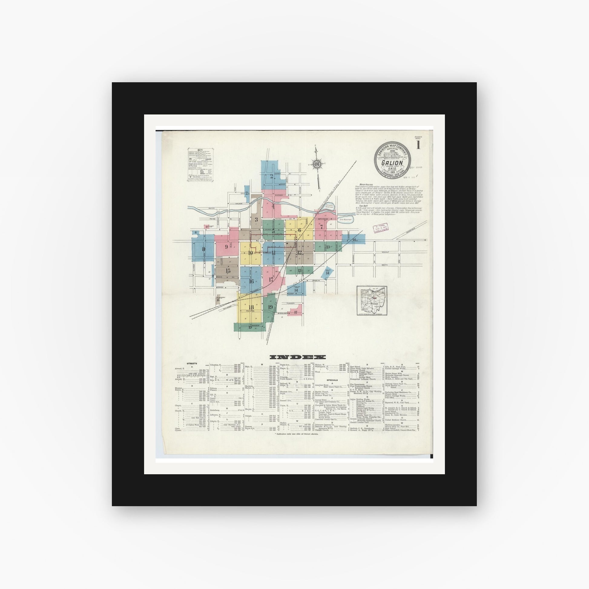Old map wall art mockup — black gallery frame with white mat — Sanborn Fire Insurance Map from Galion, Crawford County, Ohio (1913), Sheet #0001