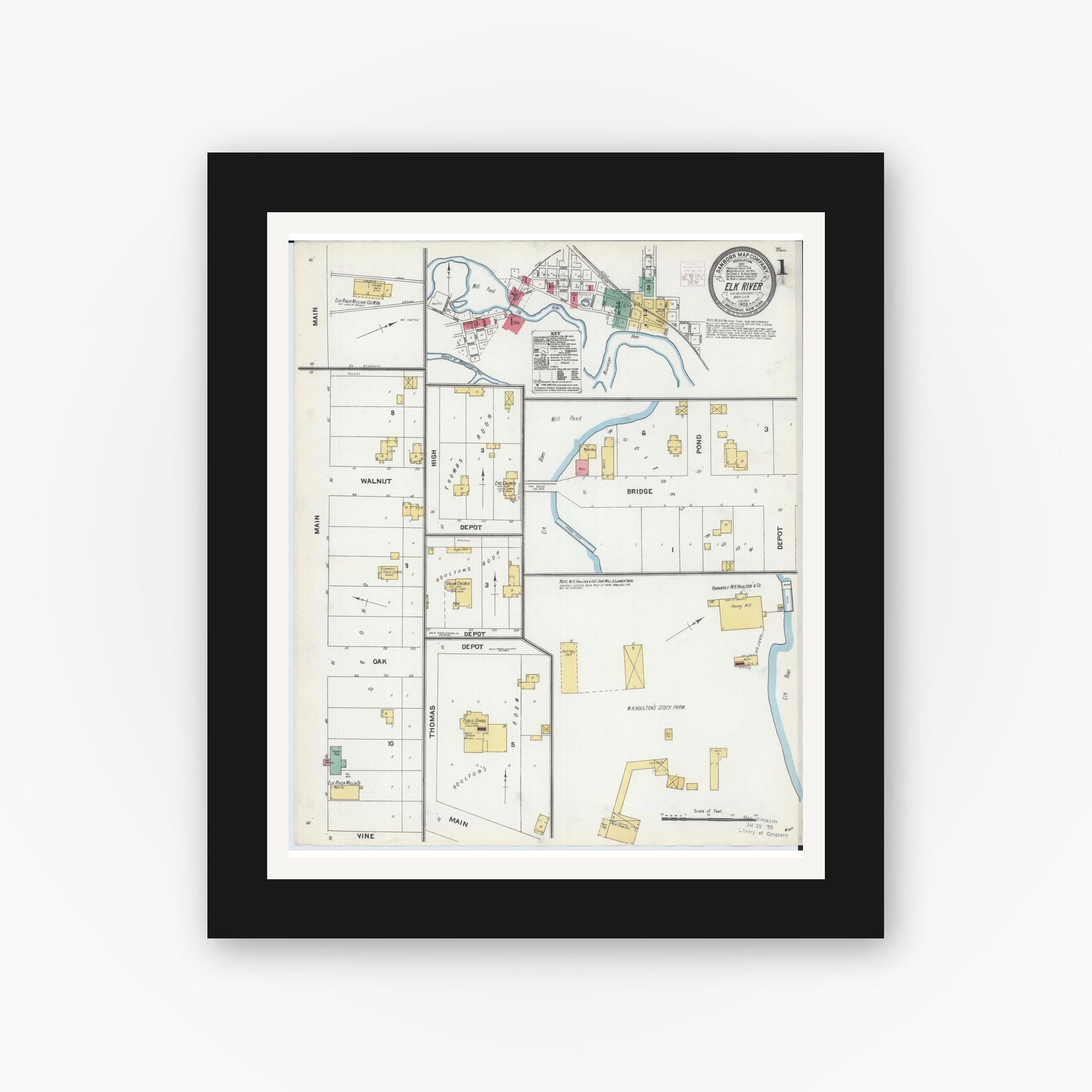Old map wall art mockup — black gallery frame with white mat — Sanborn Fire Insurance Map from Elk River, Sherburne County, Minnesota (1905) - Complete Map Set