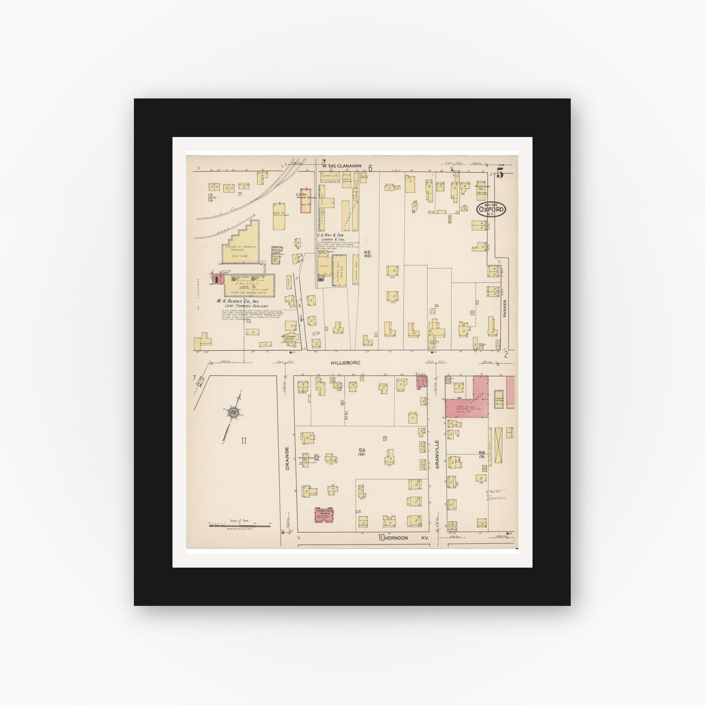Old map wall art mockup — black gallery frame with white mat — Sanborn Fire Insurance Map from Oxford, Granville County, North Carolina (1922), Sheet #0005