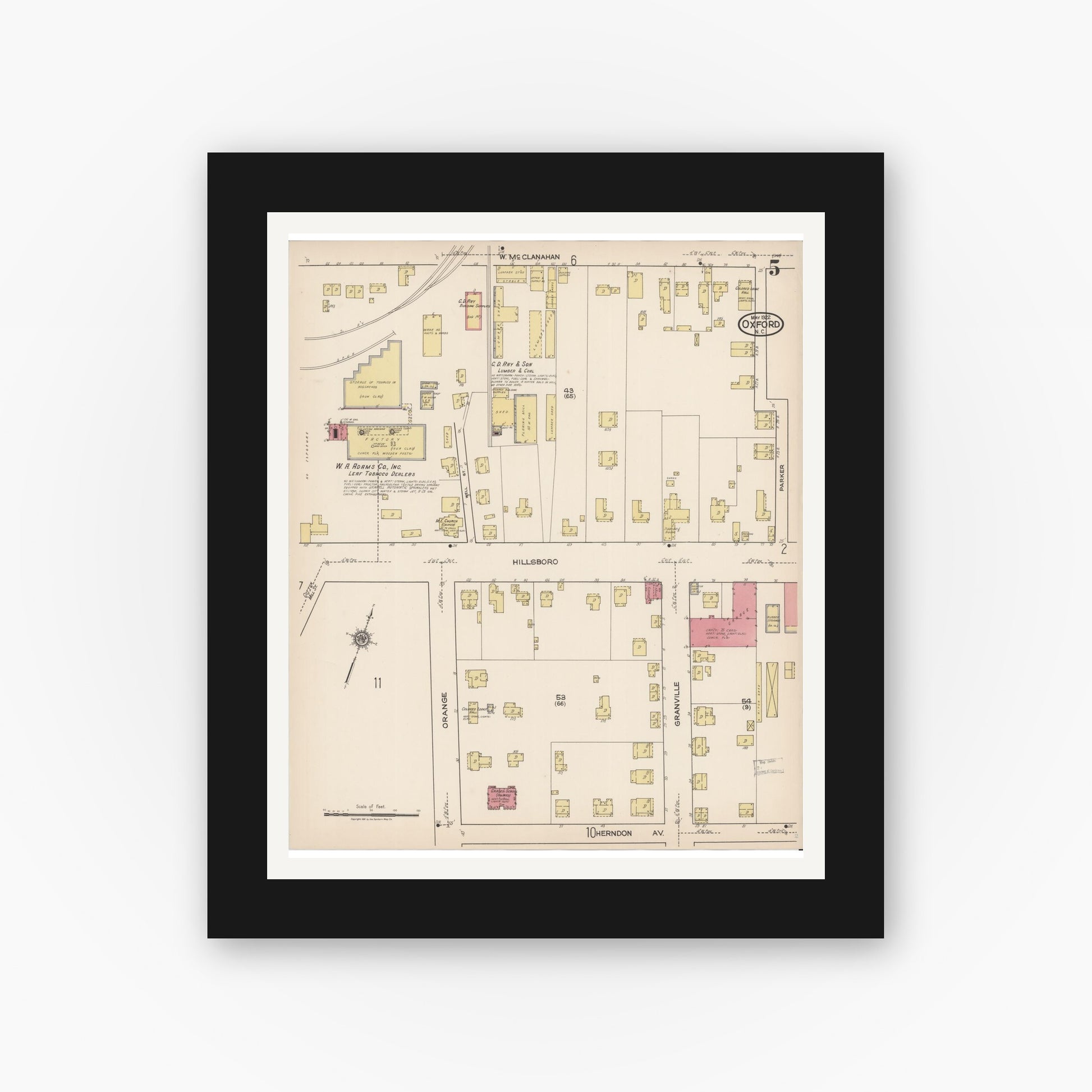 Old map wall art mockup — black gallery frame with white mat — Sanborn Fire Insurance Map from Oxford, Granville County, North Carolina (1922), Sheet #0005