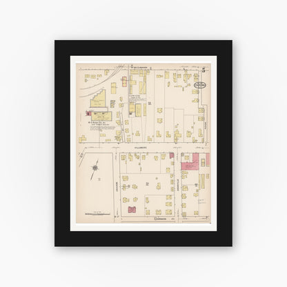Old map wall art mockup — black gallery frame with white mat — Sanborn Fire Insurance Map from Oxford, Granville County, North Carolina (1922), Sheet #0005