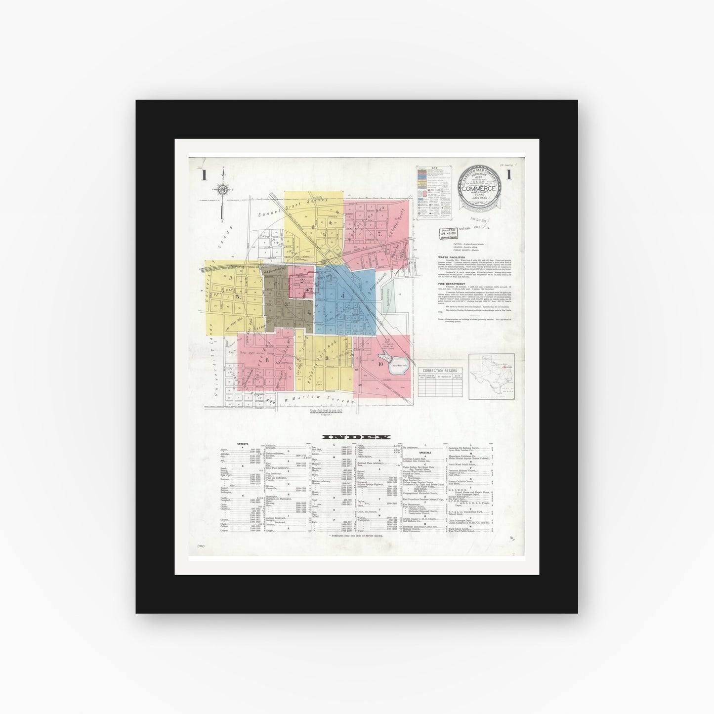 Old map wall art mockup — black gallery frame with white mat — Sanborn Fire Insurance Map from Commerce, Hunt County, Texas (1933), Sheet #0001