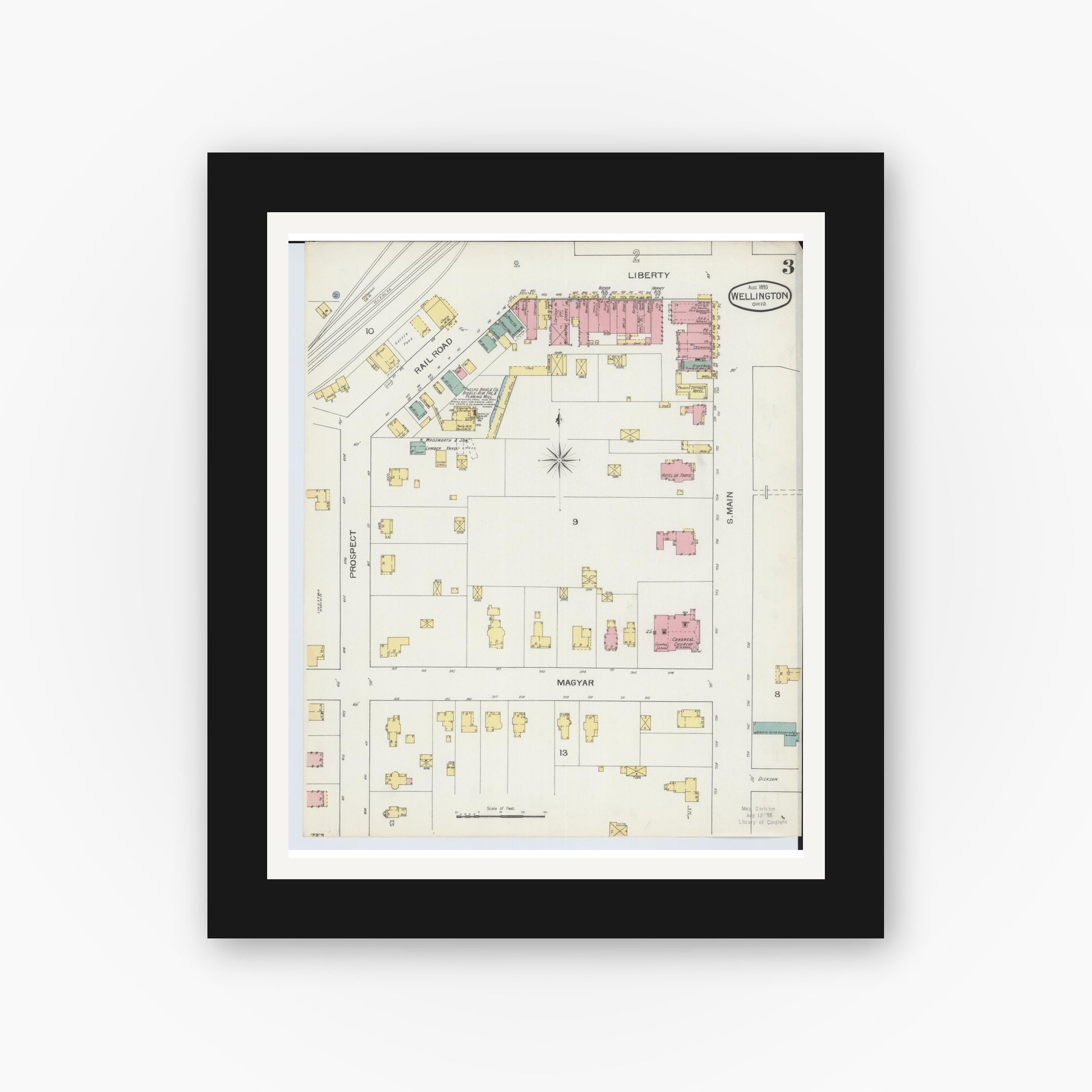 Old map wall art mockup — black gallery frame with white mat — Sanborn Fire Insurance Map from Wellington, Lorain County, Ohio (1893), Sheet #0003
