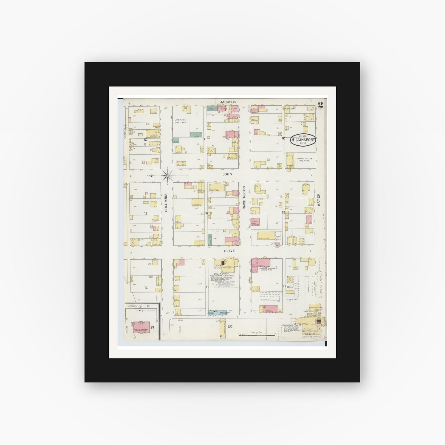 Old map wall art mockup — black gallery frame with white mat — Sanborn Fire Insurance Map from Higginsport, Brown County, Ohio (1892), Sheet #0002
