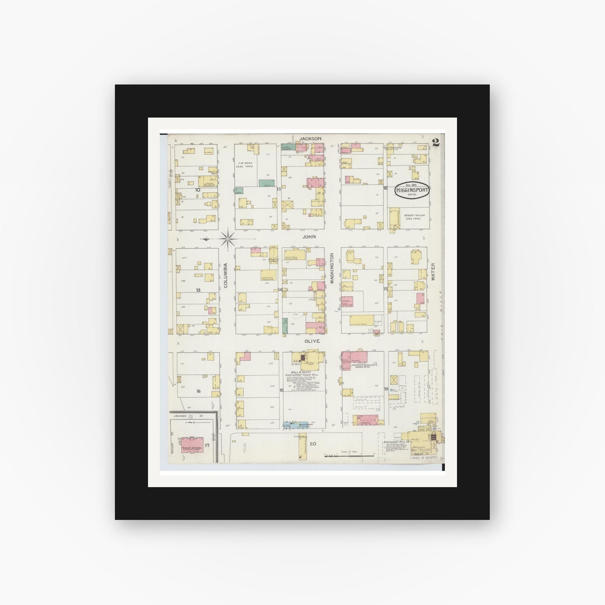 Old map wall art mockup — black gallery frame with white mat — Sanborn Fire Insurance Map from Higginsport, Brown County, Ohio (1892), Sheet #0002