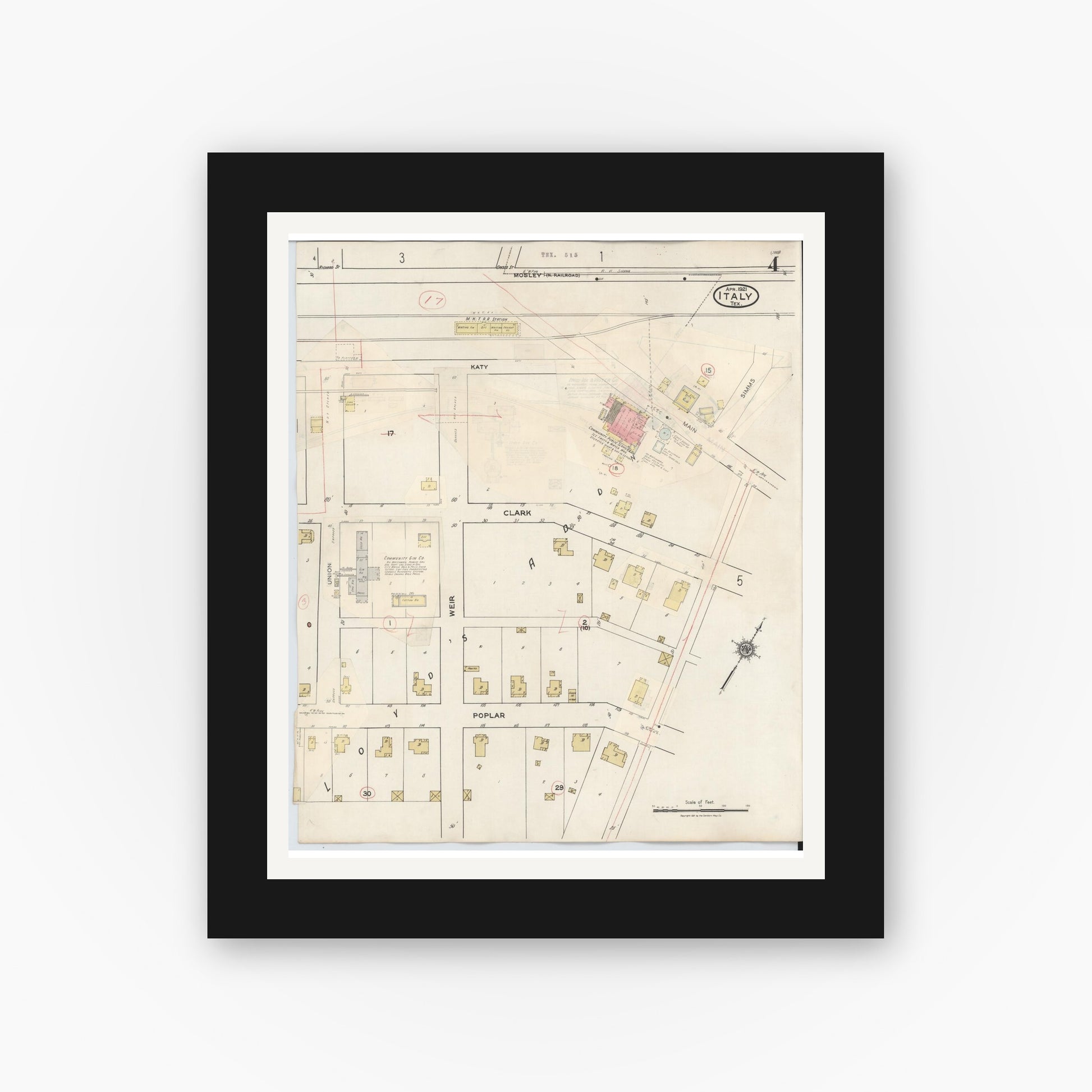 Old map wall art mockup — black gallery frame with white mat — Sanborn Fire Insurance Map from Italy, Ellis County, Texas (1944), Sheet #0004
