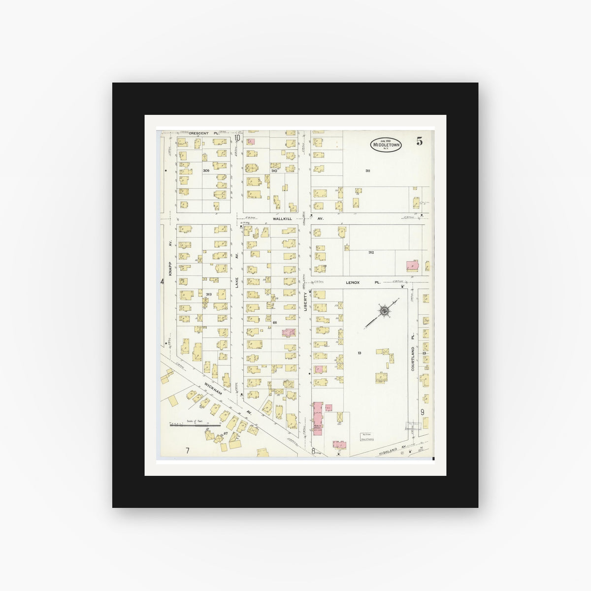 Old map wall art mockup — black gallery frame with white mat — Sanborn Fire Insurance Map from Middletown, Orange County, New York (1910), Sheet #0005