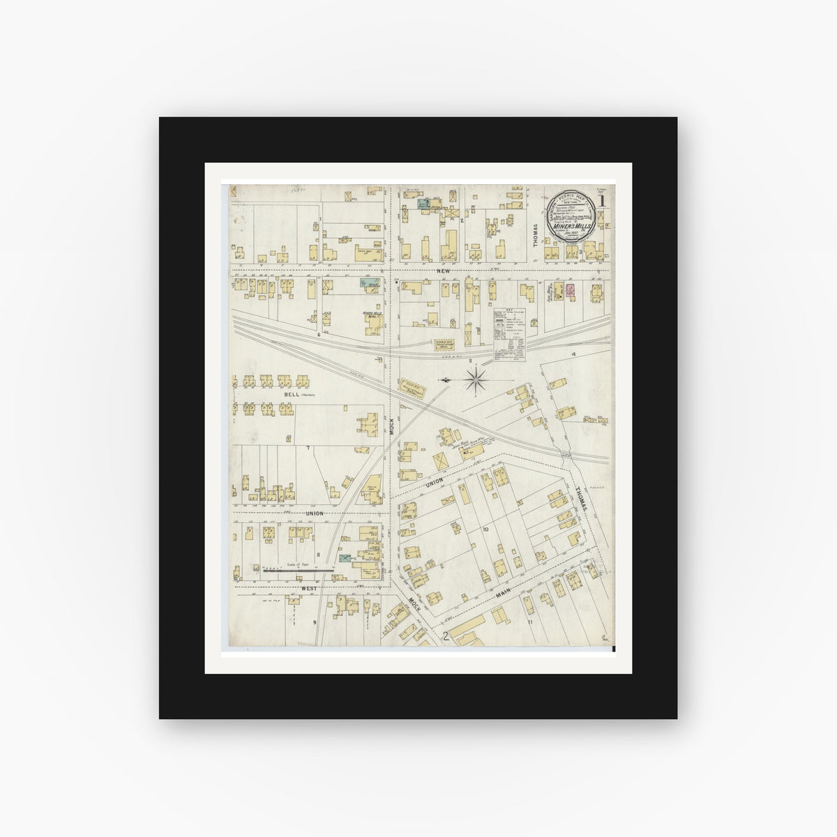 Old map wall art mockup — black gallery frame with white mat — Sanborn Fire Insurance Map from Miners Mills, Luzerne County, Pennsylvania (1897), Sheet #0001