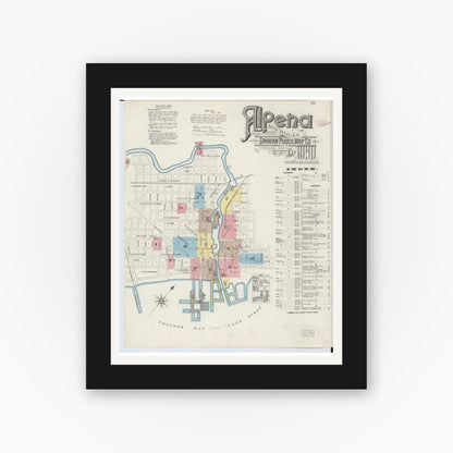 Old map wall art mockup — black gallery frame with white mat — Sanborn Fire Insurance Map from Alpena, Alpena County, Michigan (1890) - Complete Map Set