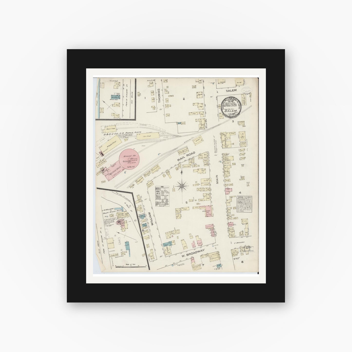 Old map wall art mockup — black gallery frame with white mat — Sanborn Fire Insurance Map from Salem, Washington County, New York (1884), Sheet #0001