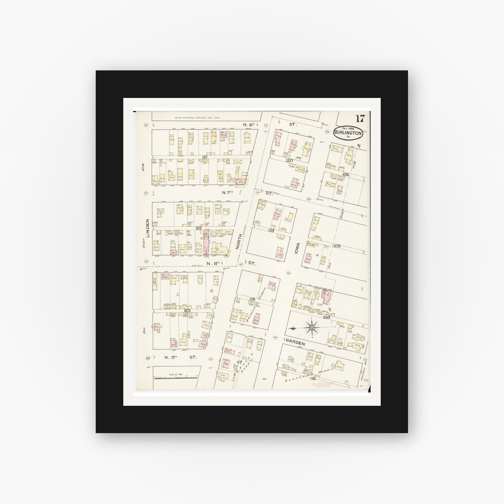 Old map wall art mockup — black gallery frame with white mat — Sanborn Fire Insurance Map from Burlington, Des Moines County, Iowa (1888), Sheet #0017