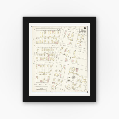 Old map wall art mockup — black gallery frame with white mat — Sanborn Fire Insurance Map from Burlington, Des Moines County, Iowa (1888), Sheet #0017
