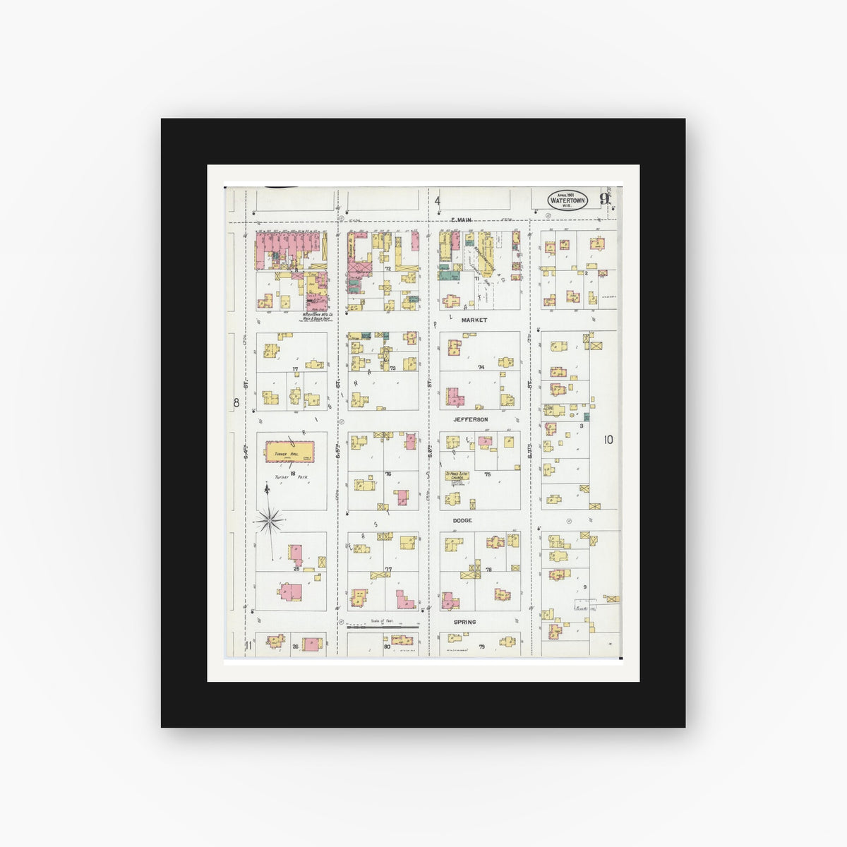 Old map wall art mockup — black gallery frame with white mat — Sanborn Fire Insurance Map from Watertown, Jefferson County, Wisconsin (1901), Sheet #0009