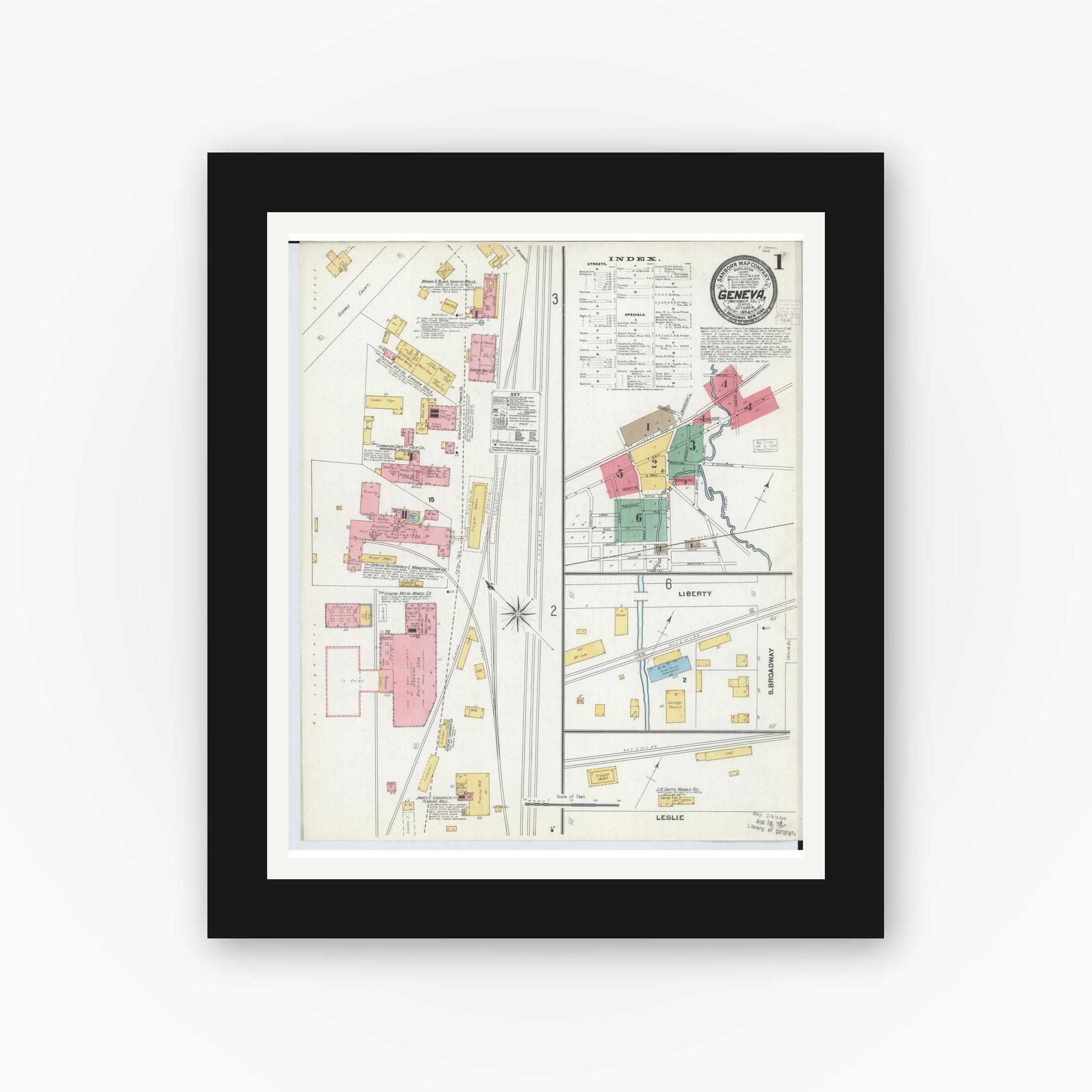 Old map wall art mockup — black gallery frame with white mat — Sanborn Fire Insurance Map from Geneva, Ashtabula County, Ohio (1904) - Complete Map Set