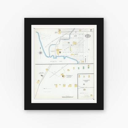 Old map wall art mockup — black gallery frame with white mat — Sanborn Fire Insurance Map from Virginia, Saint Louis County, Minnesota (1904), Sheet #0007