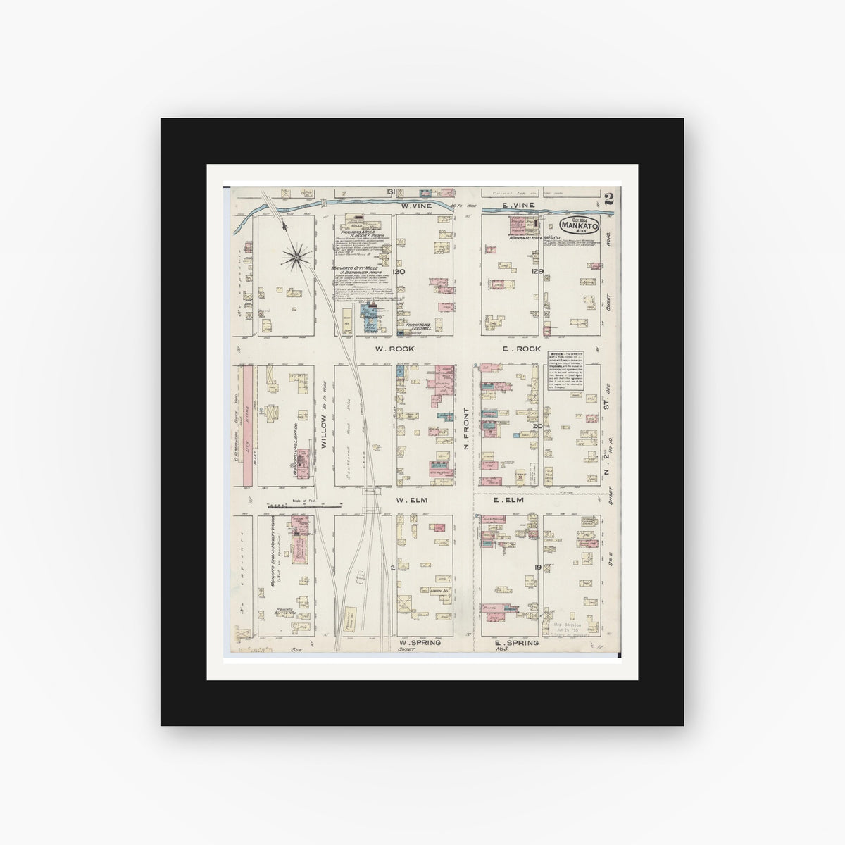 Old map wall art mockup — black gallery frame with white mat — Sanborn Fire Insurance Map from Mankato, Blue Earth County, Minnesota (1884), Sheet #0002