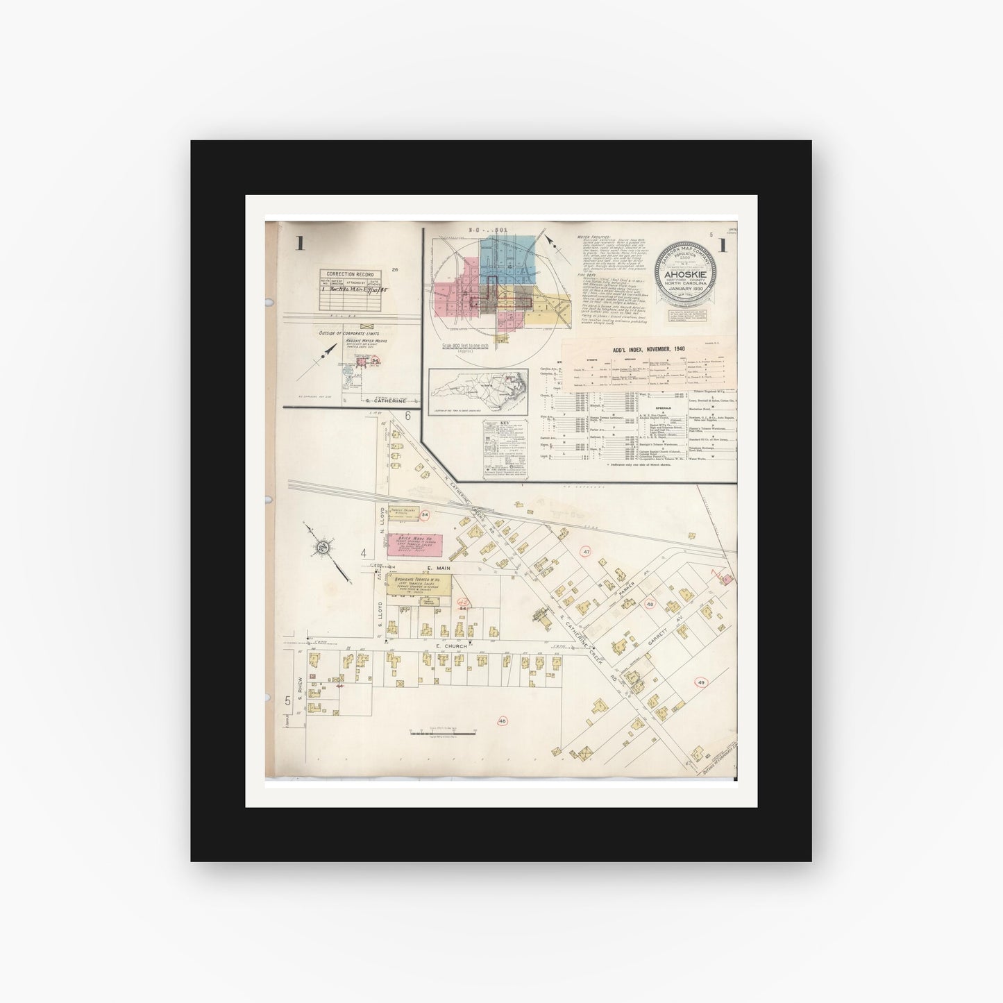 Old map wall art mockup — black gallery frame with white mat — Sanborn Fire Insurance Map from Ahoskie, Hertford County, North Carolina (1940), Sheet #0001
