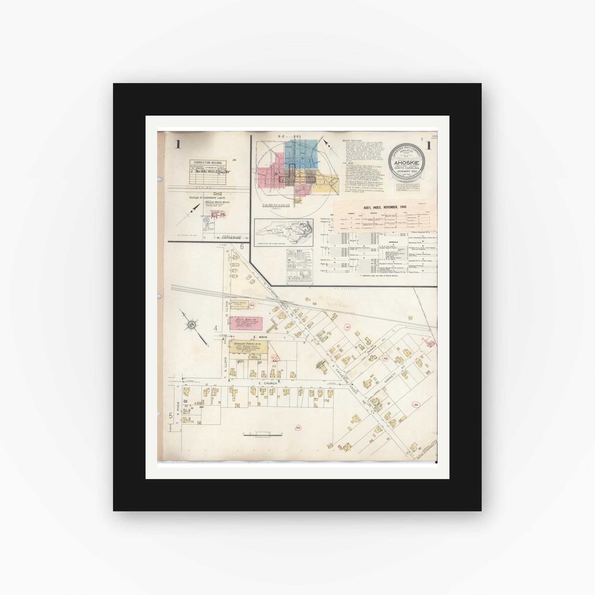 Old map wall art mockup — black gallery frame with white mat — Sanborn Fire Insurance Map from Ahoskie, Hertford County, North Carolina (1940), Sheet #0001