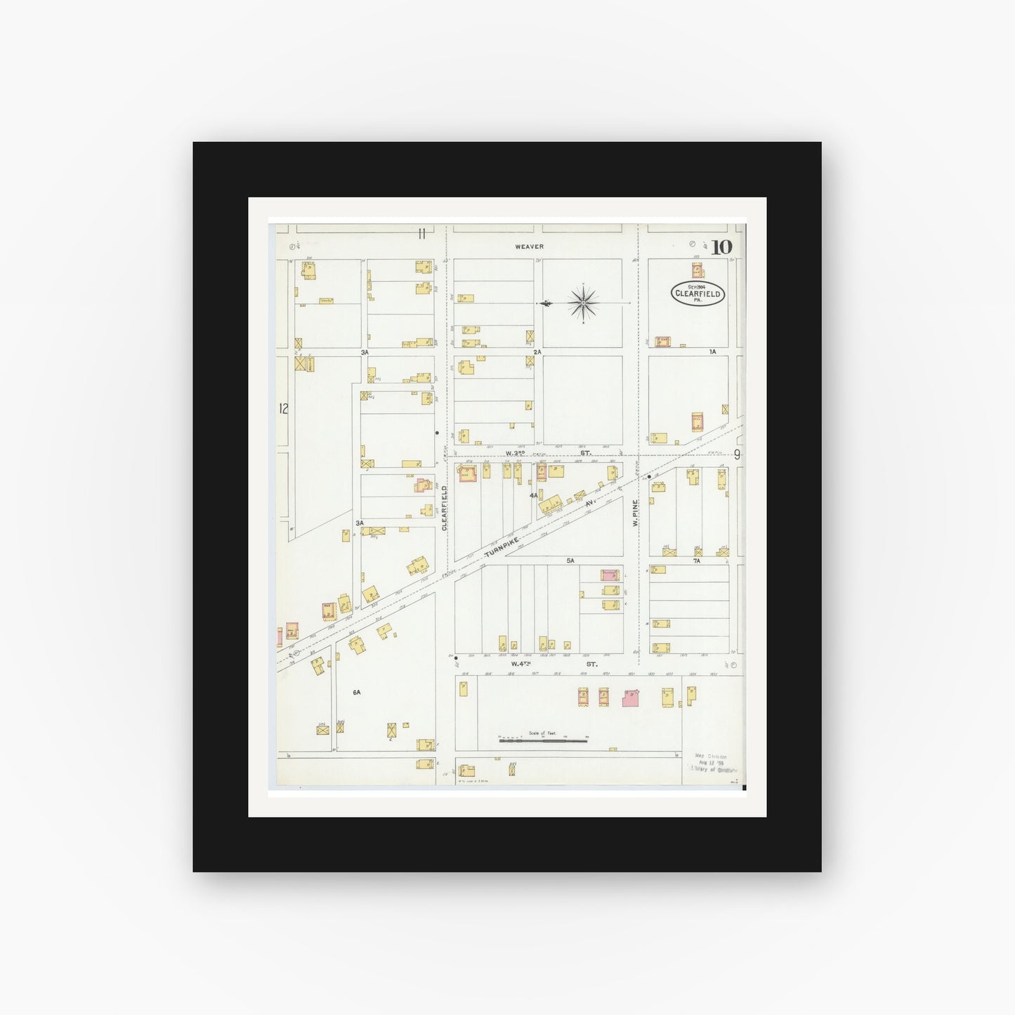 Old map wall art mockup — black gallery frame with white mat — Sanborn Fire Insurance Map from Clearfield, Clearfield County, Pennsylvania (1904), Sheet #0010