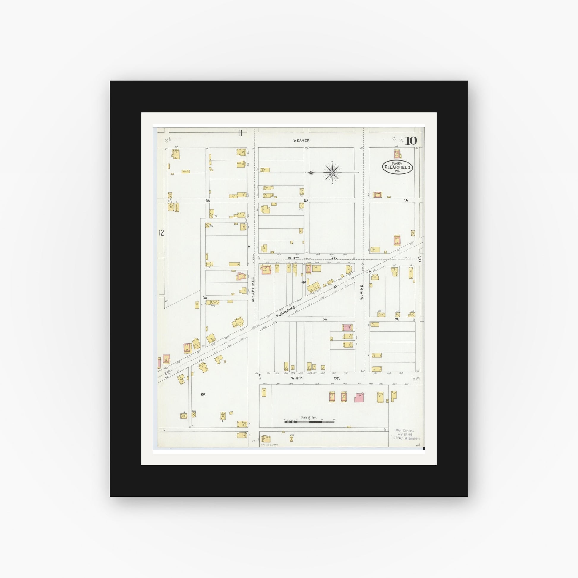 Old map wall art mockup — black gallery frame with white mat — Sanborn Fire Insurance Map from Clearfield, Clearfield County, Pennsylvania (1904), Sheet #0010
