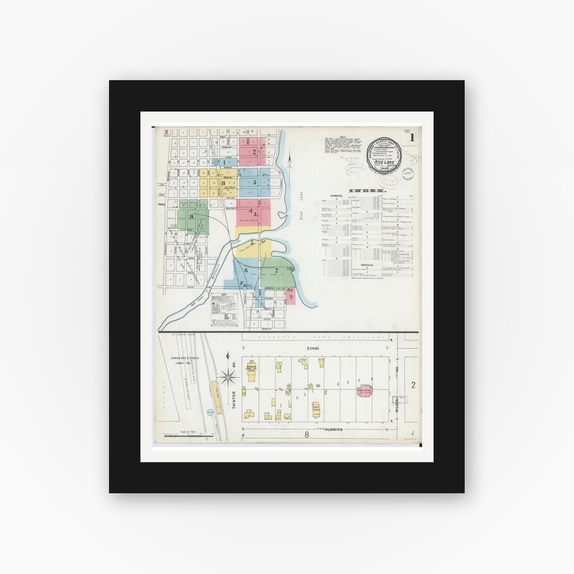 Old map wall art mockup — black gallery frame with white mat — Sanborn Fire Insurance Map from Rice Lake, Barron County, Wisconsin (1899) - Complete Map Set