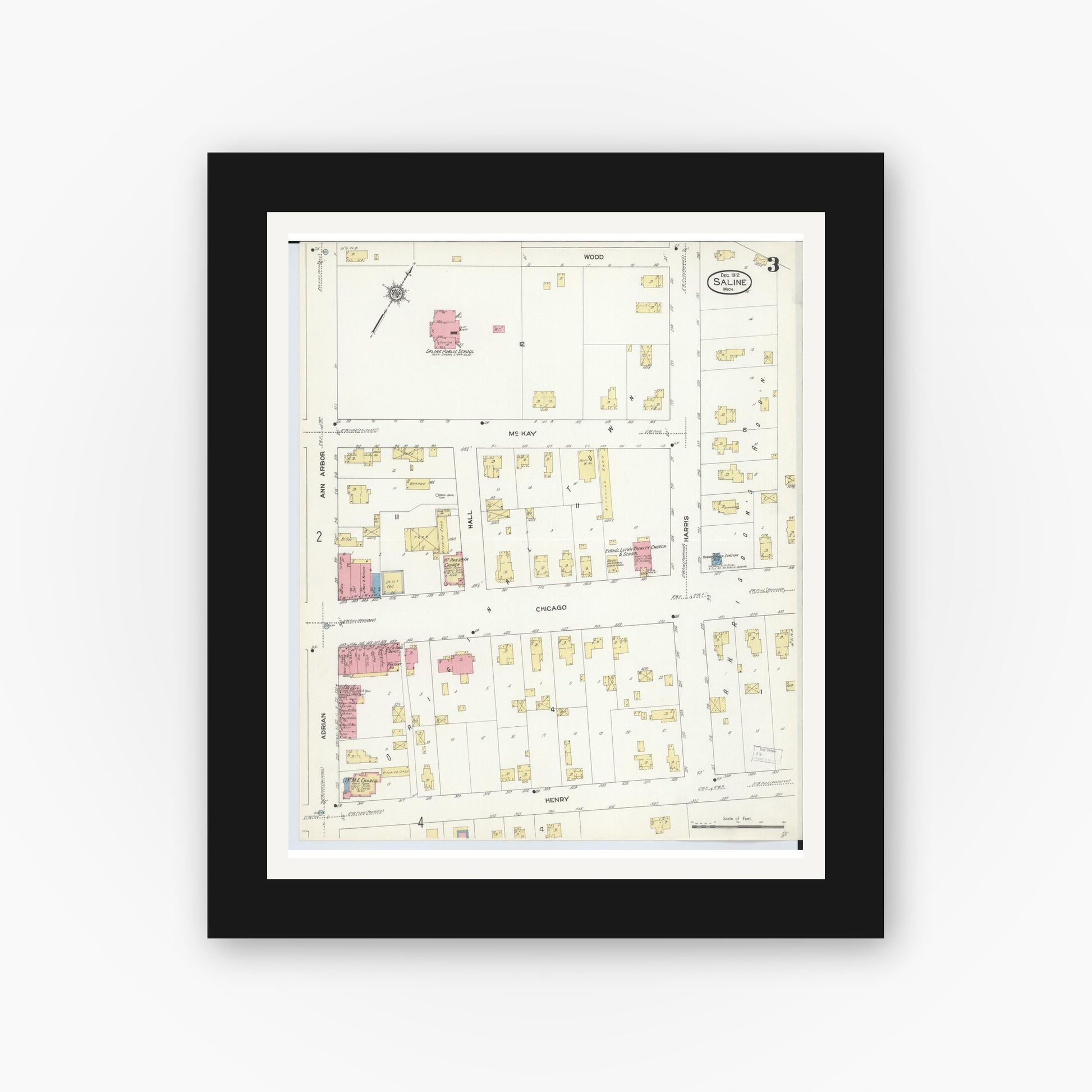 Old map wall art mockup — black gallery frame with white mat — Sanborn Fire Insurance Map from Saline, Washtenaw County, Michigan (1912), Sheet #0003