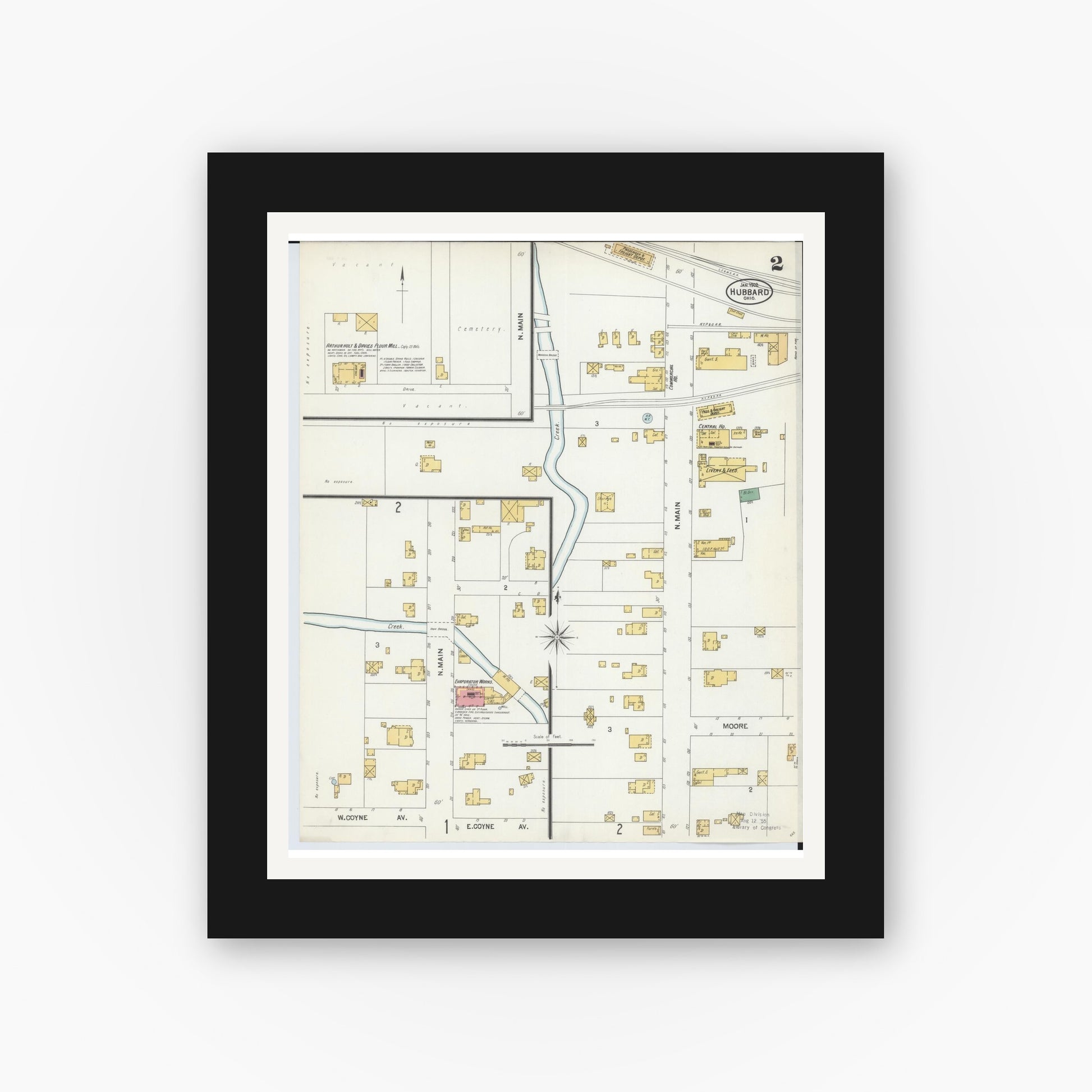 Old map wall art mockup — black gallery frame with white mat — Sanborn Fire Insurance Map from Hubbard, Trumbull County, Ohio (1902), Sheet #0002