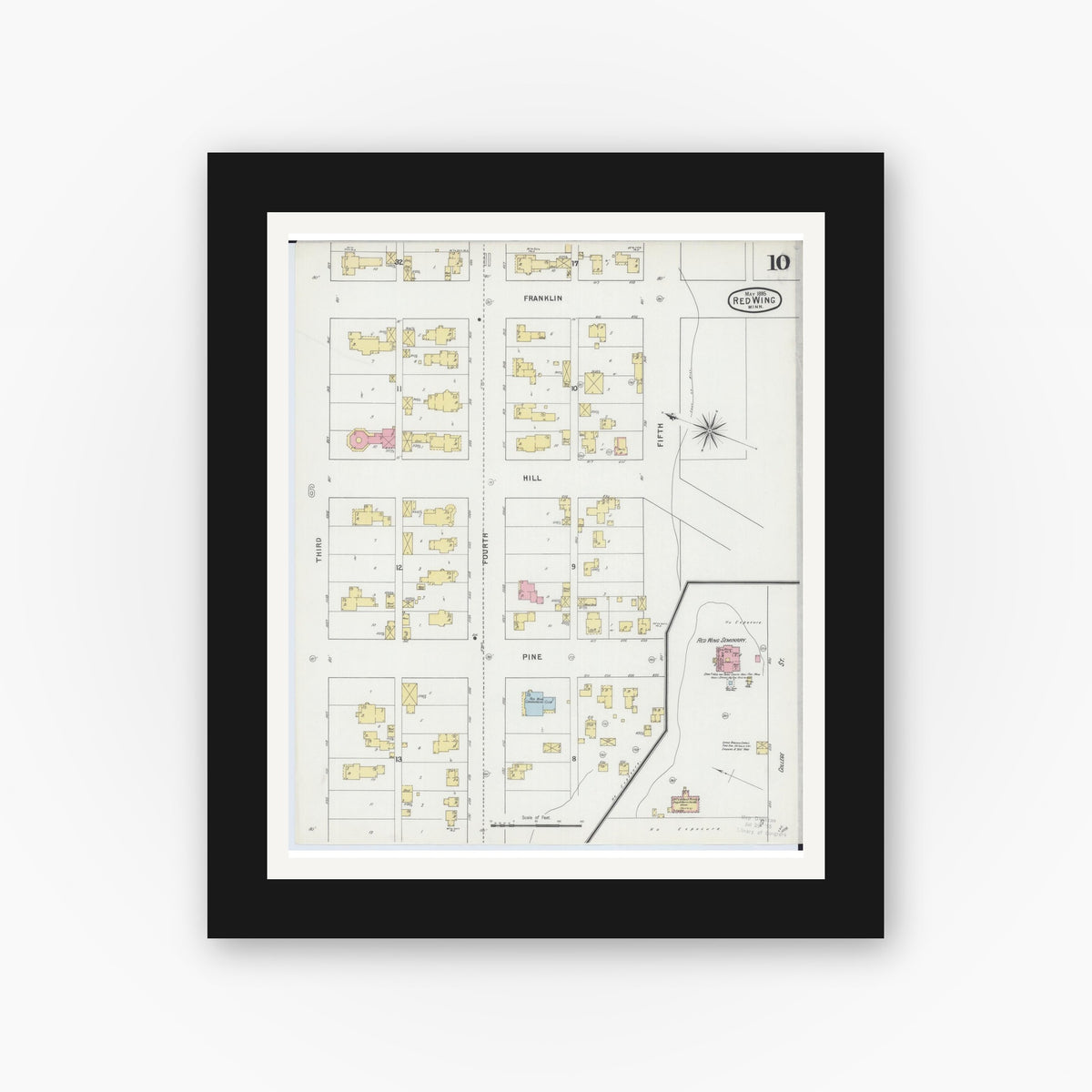 Old map wall art mockup — black gallery frame with white mat — Sanborn Fire Insurance Map from Red Wing, Goodhue County, Minnesota (1895), Sheet #0010