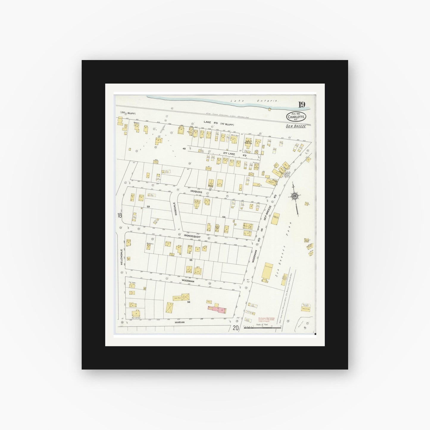 Old map wall art mockup — black gallery frame with white mat — Sanborn Fire Insurance Map from Charlotte, Monroe County, New York (1912), Sheet #0019
