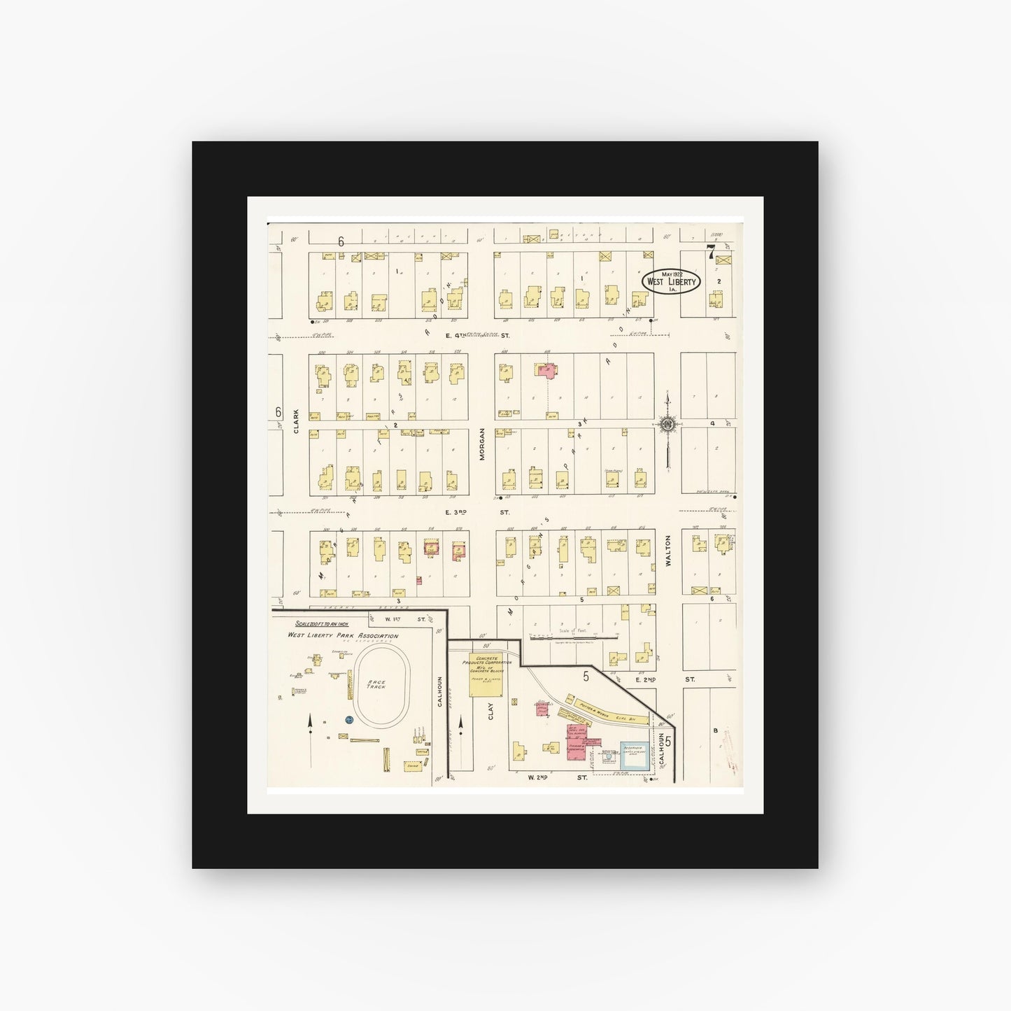 Old map wall art mockup — black gallery frame with white mat — Sanborn Fire Insurance Map from West Liberty, Muscatine County, Iowa (1922), Sheet #0007