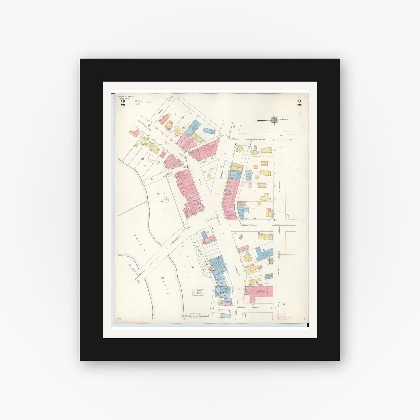Old map wall art mockup — black gallery frame with white mat — Sanborn Fire Insurance Map from Dundee, Monroe County, Michigan (1949), Sheet #0002