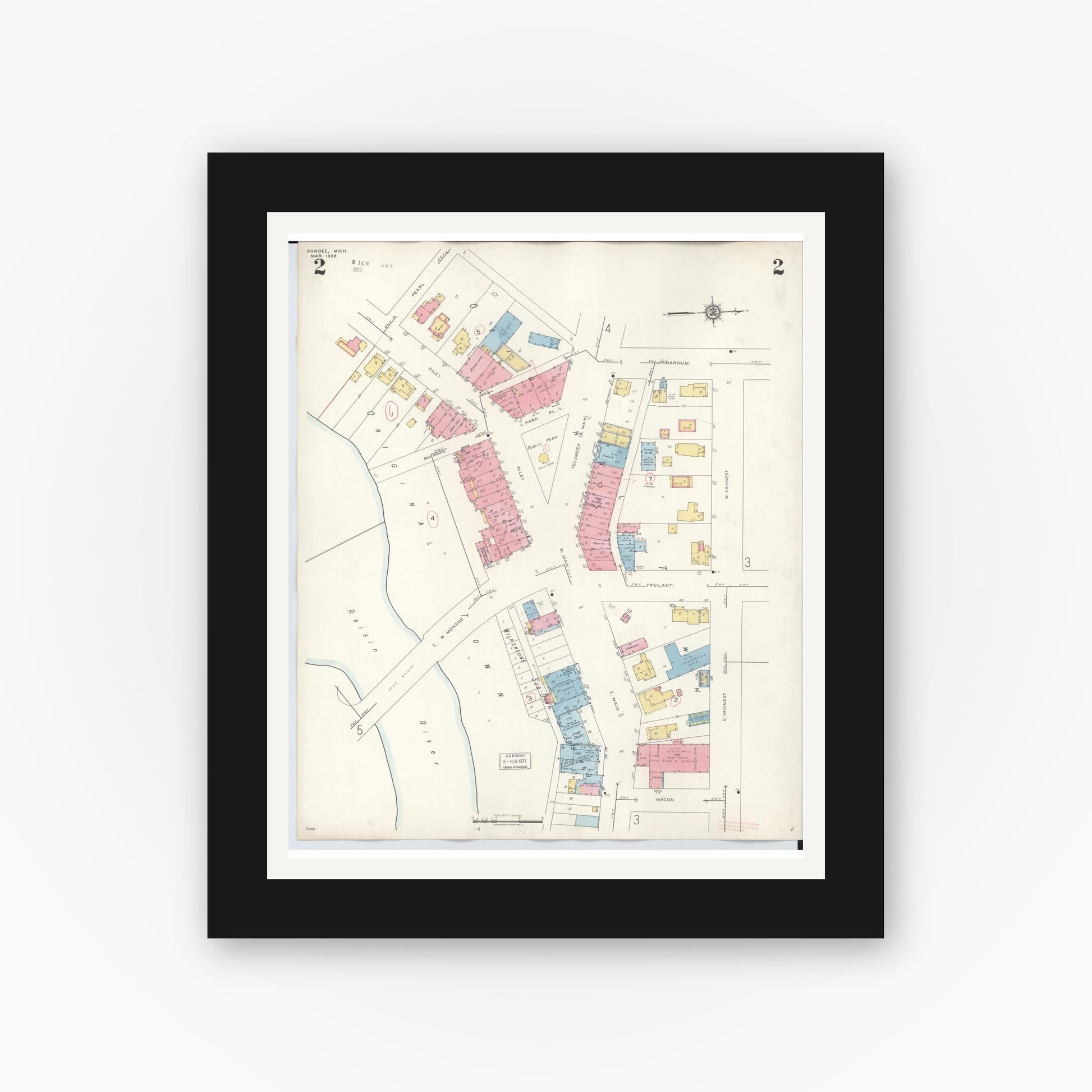 Old map wall art mockup — black gallery frame with white mat — Sanborn Fire Insurance Map from Dundee, Monroe County, Michigan (1949), Sheet #0002