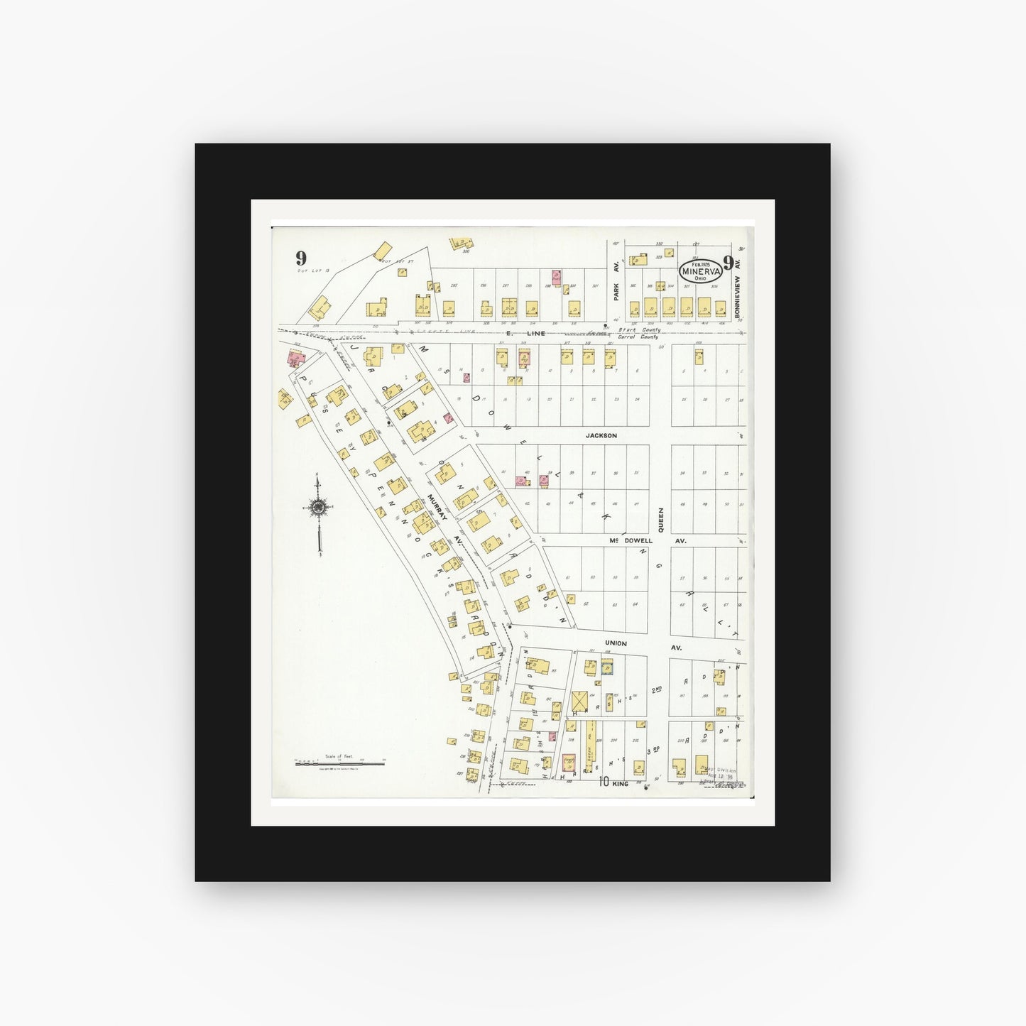 Old map wall art mockup — black gallery frame with white mat — Sanborn Fire Insurance Map from Minerva, Stark And Carroll Counties, Ohio (1925), Sheet #0009
