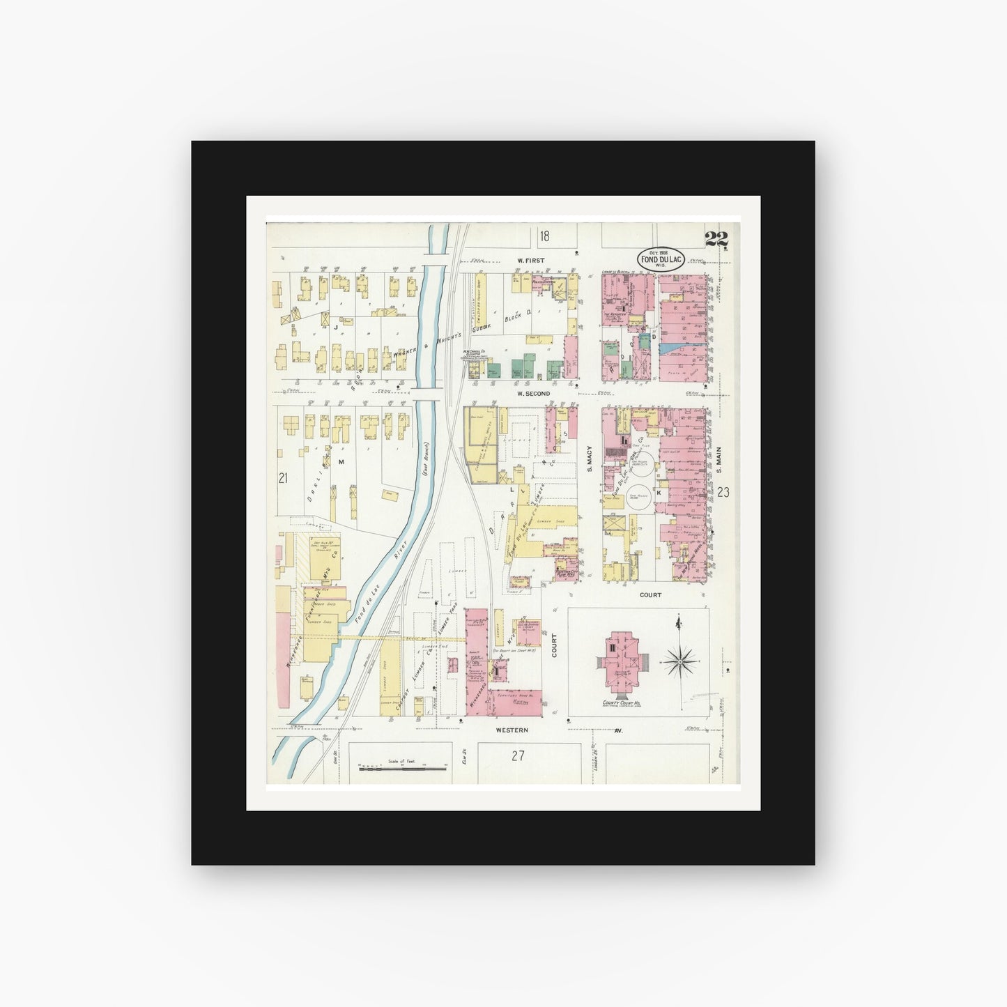 Old map wall art mockup — black gallery frame with white mat — Sanborn Fire Insurance Map from Fond du Lac, Fond du Lac County, Wisconsin (1908), Sheet #0022