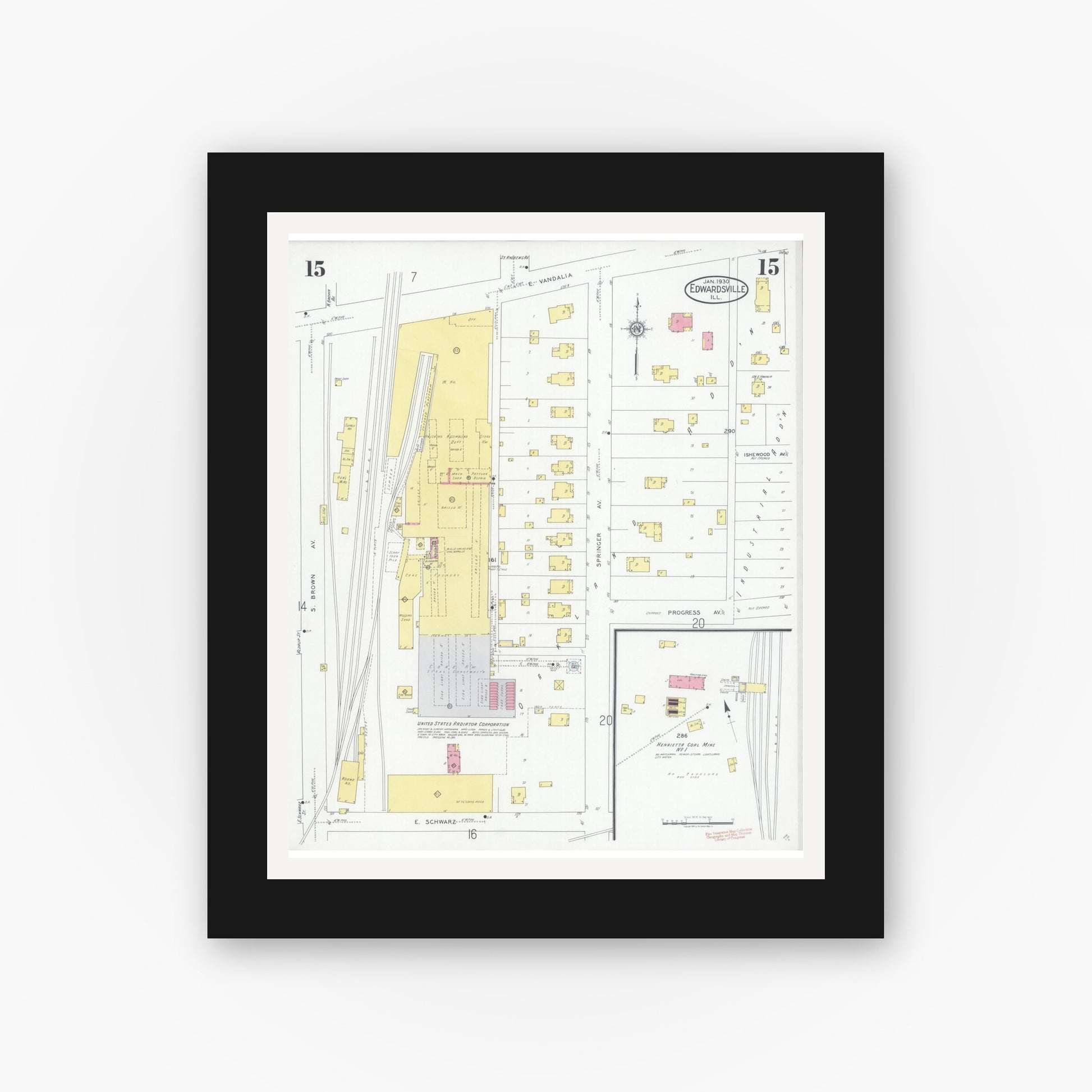 Old map wall art mockup — black gallery frame with white mat — Sanborn Fire Insurance Map from Edwardsville, Madison County, Illinois (1930), Sheet #0015
