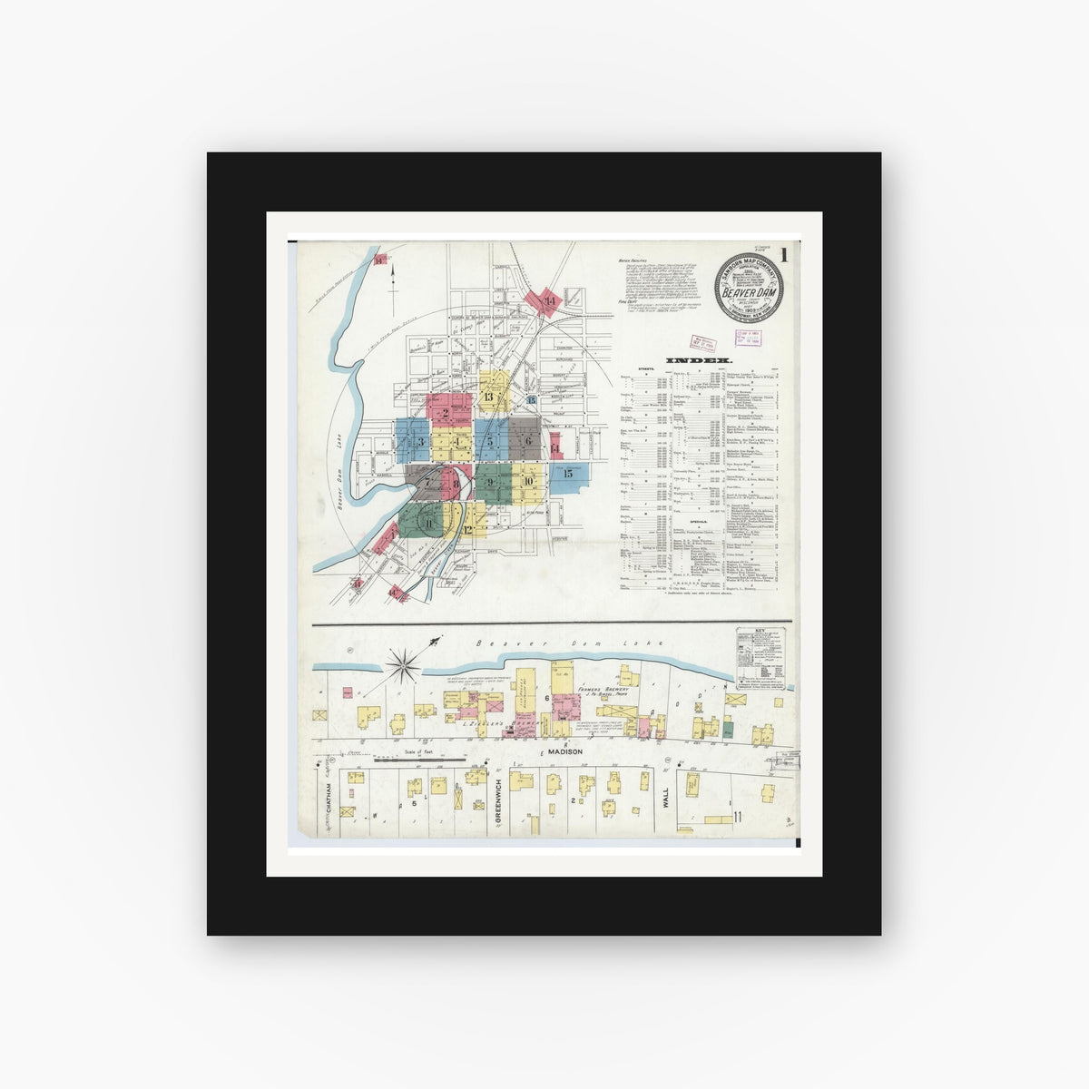 Old map wall art mockup — black gallery frame with white mat — Sanborn Fire Insurance Map from Beaver Dam, Dodge County, Wisconsin (1909), Sheet #0001