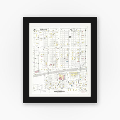 Old map wall art mockup — black gallery frame with white mat — Sanborn Fire Insurance Map from Elmhurst, Du Page County, Illinois (1924), Sheet #0007
