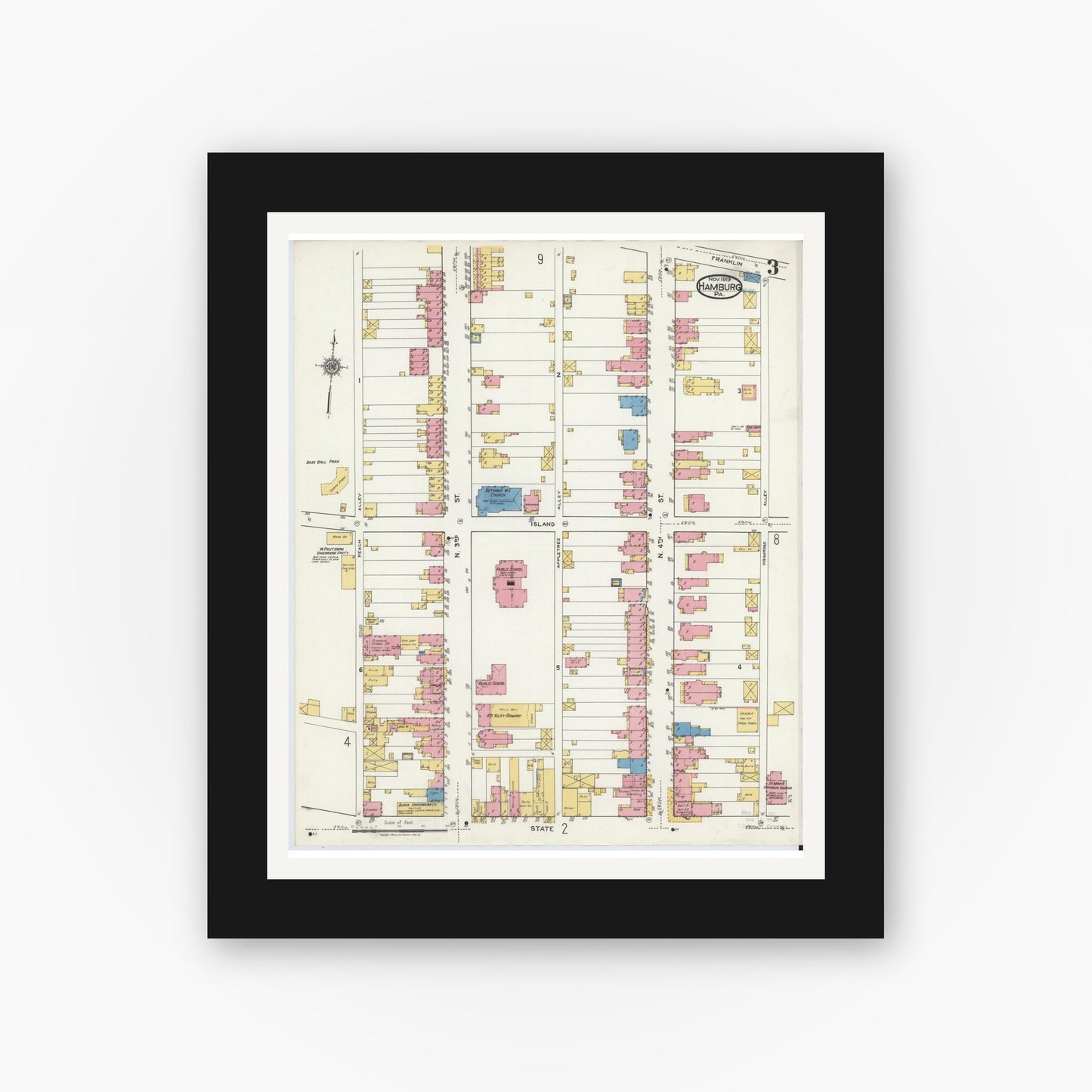 Old map wall art mockup — black gallery frame with white mat — Sanborn Fire Insurance Map from Hamburg, Berks County, Pennsylvania (1919), Sheet #0003