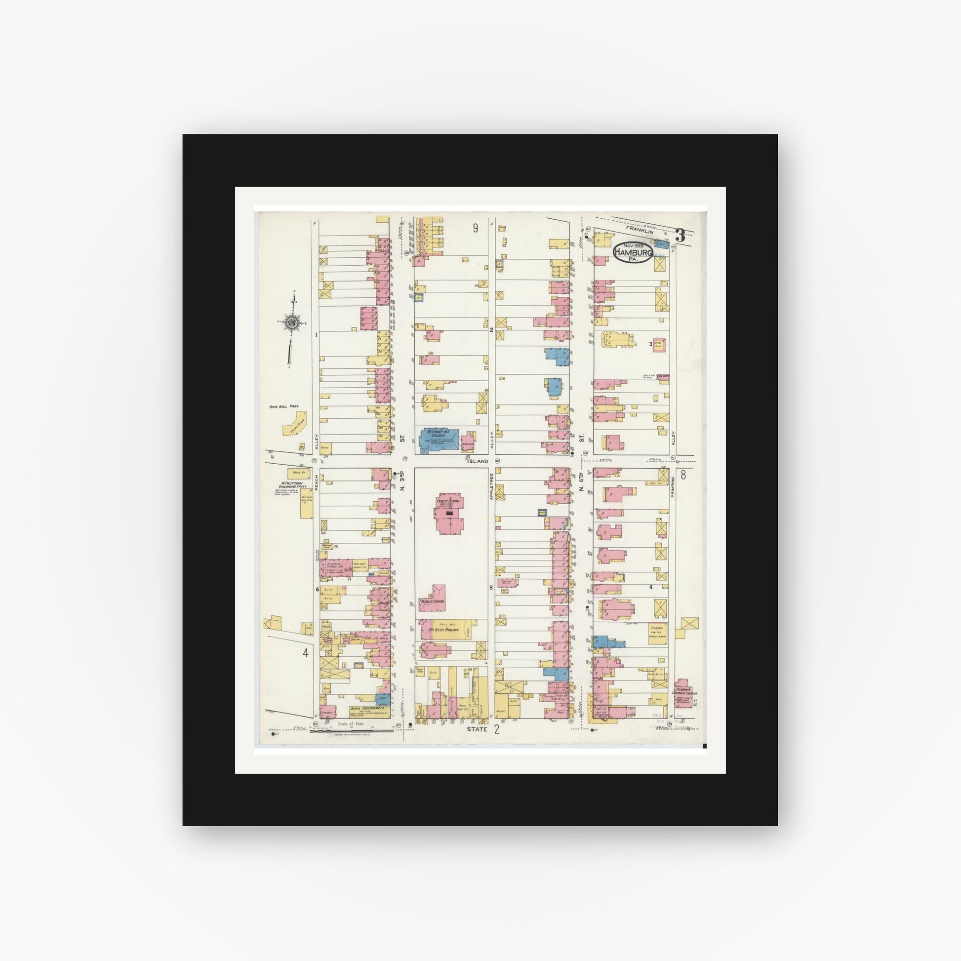 Old map wall art mockup — black gallery frame with white mat — Sanborn Fire Insurance Map from Hamburg, Berks County, Pennsylvania (1919), Sheet #0003