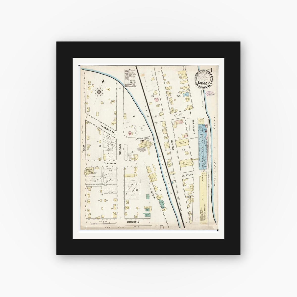Old map wall art mockup — black gallery frame with white mat — Sanborn Fire Insurance Map from Sabula, Jackson County, Iowa (1886) â€” Complete Set