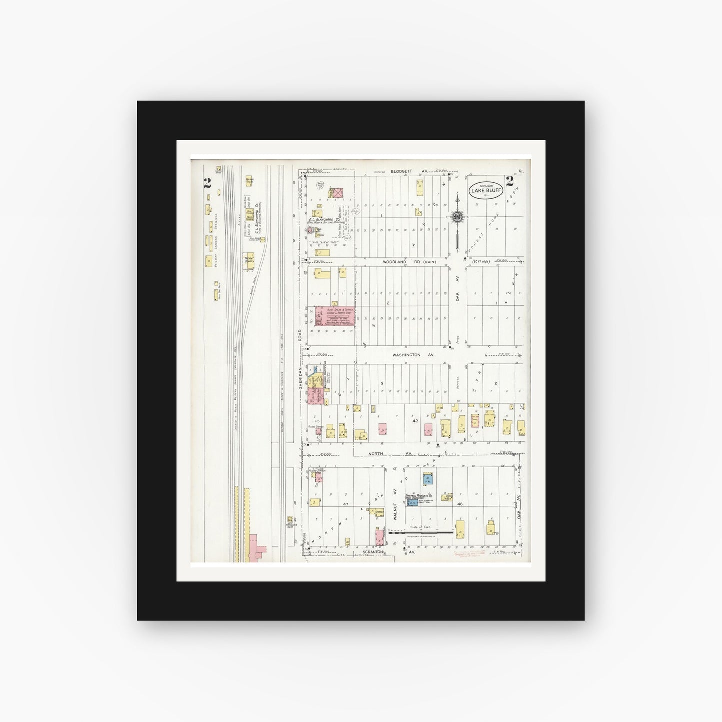 Old map wall art mockup — black gallery frame with white mat — Sanborn Fire Insurance Map from Lake Bluff, Lake County, Illinois (1928), Sheet #0002