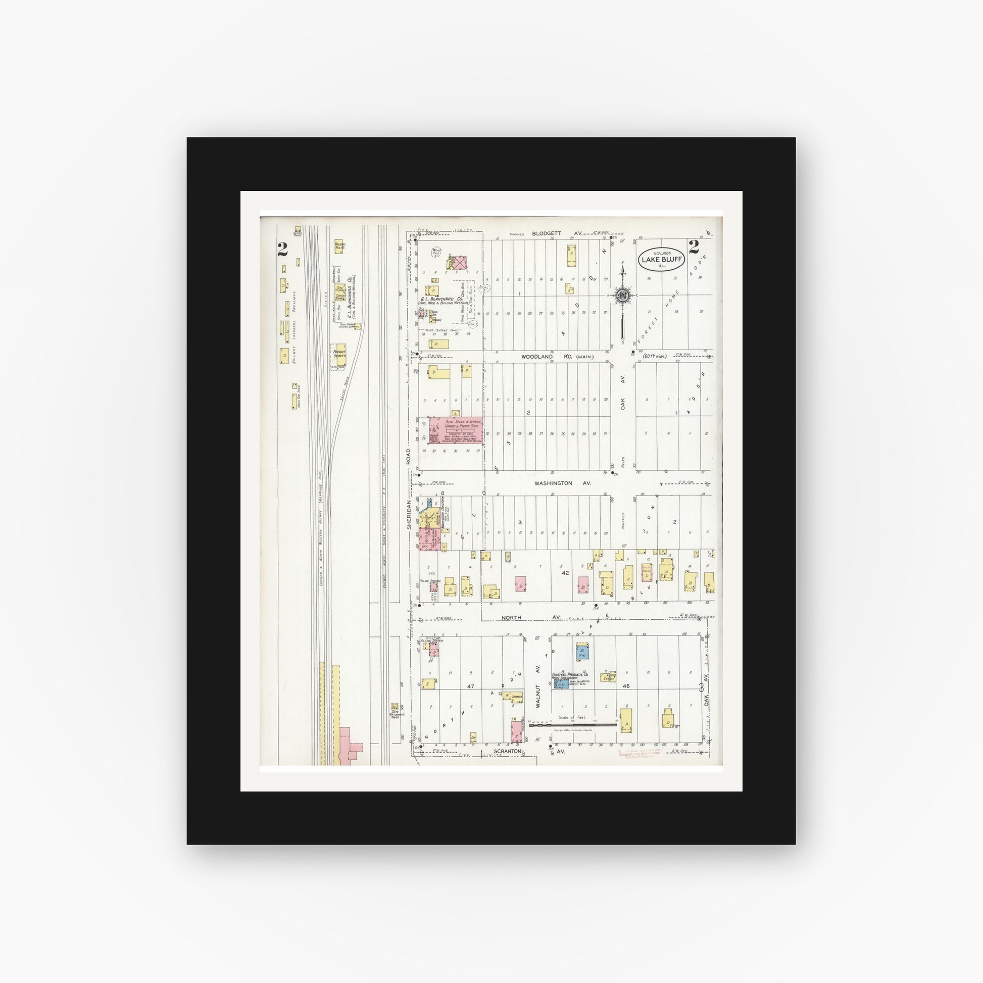 Old map wall art mockup — black gallery frame with white mat — Sanborn Fire Insurance Map from Lake Bluff, Lake County, Illinois (1928), Sheet #0002