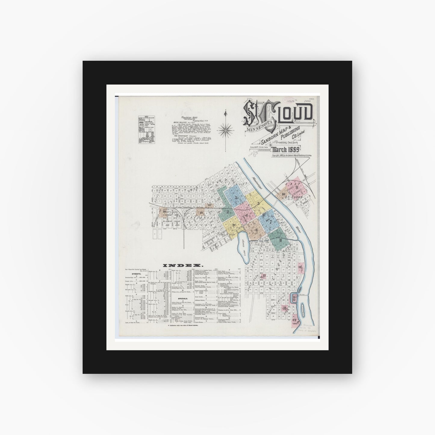 Old map wall art mockup — black gallery frame with white mat — Sanborn Fire Insurance Map from Saint Cloud, Stearns, Benton, and Sherburne Counties, Minnesota (1889) - Complete Map Set