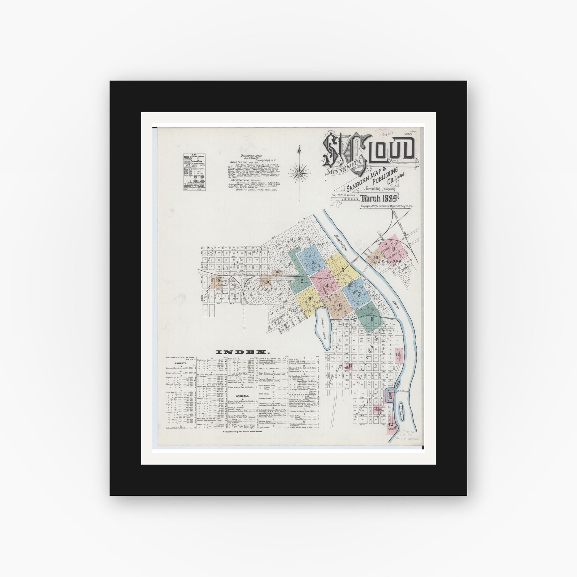 Old map wall art mockup — black gallery frame with white mat — Sanborn Fire Insurance Map from Saint Cloud, Stearns, Benton, and Sherburne Counties, Minnesota (1889) - Complete Map Set