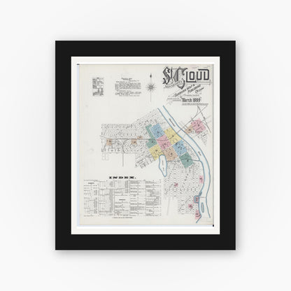 Old map wall art mockup — black gallery frame with white mat — Sanborn Fire Insurance Map from Saint Cloud, Stearns, Benton, and Sherburne Counties, Minnesota (1889) - Complete Map Set