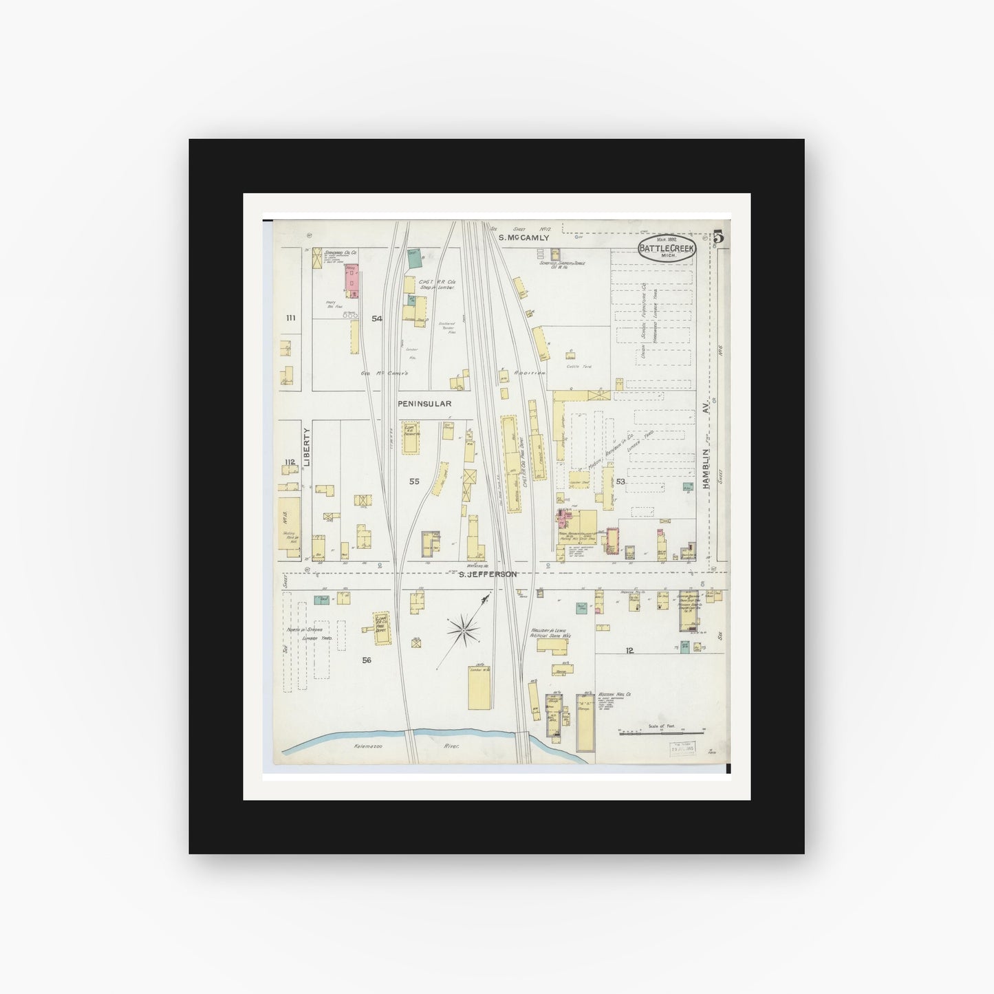 Old map wall art mockup — black gallery frame with white mat — Sanborn Fire Insurance Map from Battle Creek, Calhoun County, Michigan (1892), Sheet #0005