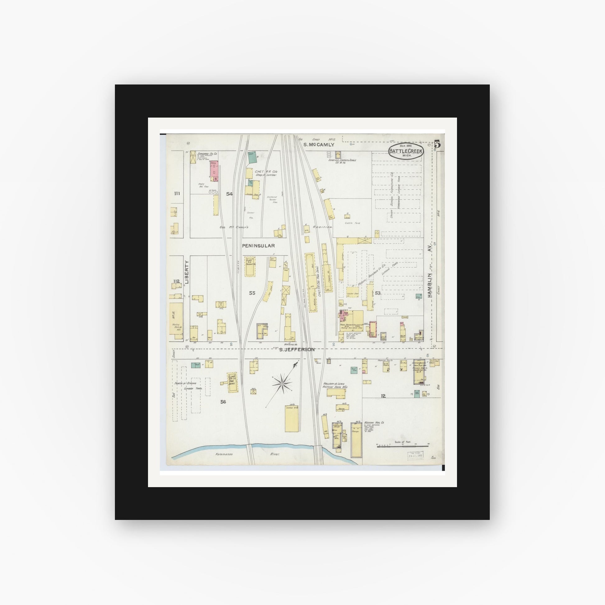 Old map wall art mockup — black gallery frame with white mat — Sanborn Fire Insurance Map from Battle Creek, Calhoun County, Michigan (1892), Sheet #0005